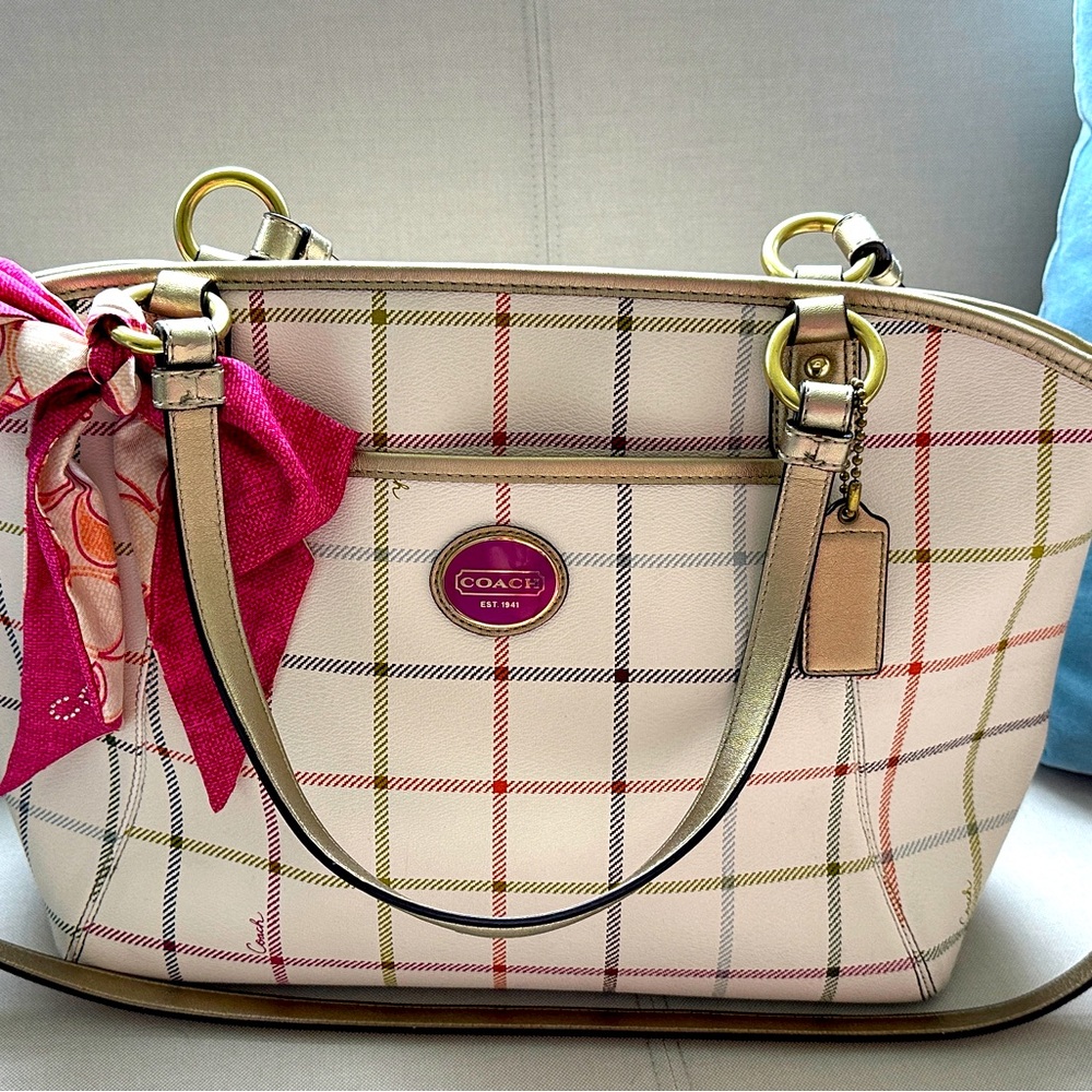 COACH Peyton Tattersall leather tote w/satin bow